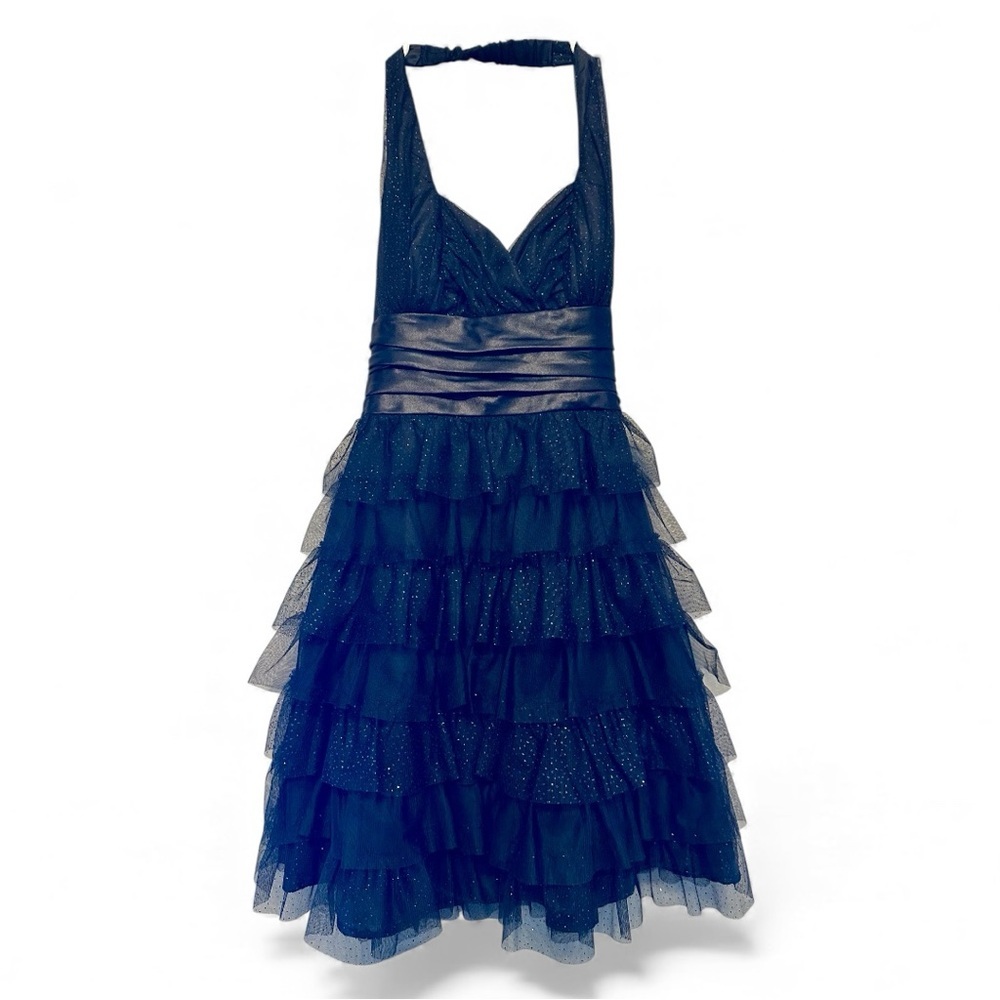 Late Y2K Era “Masquerade” Shimmering Midnight Black Halter Party Dress Size 5
